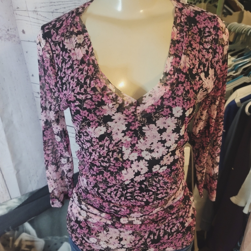 INC International Concept mesh Longsleeve flower V-neck top